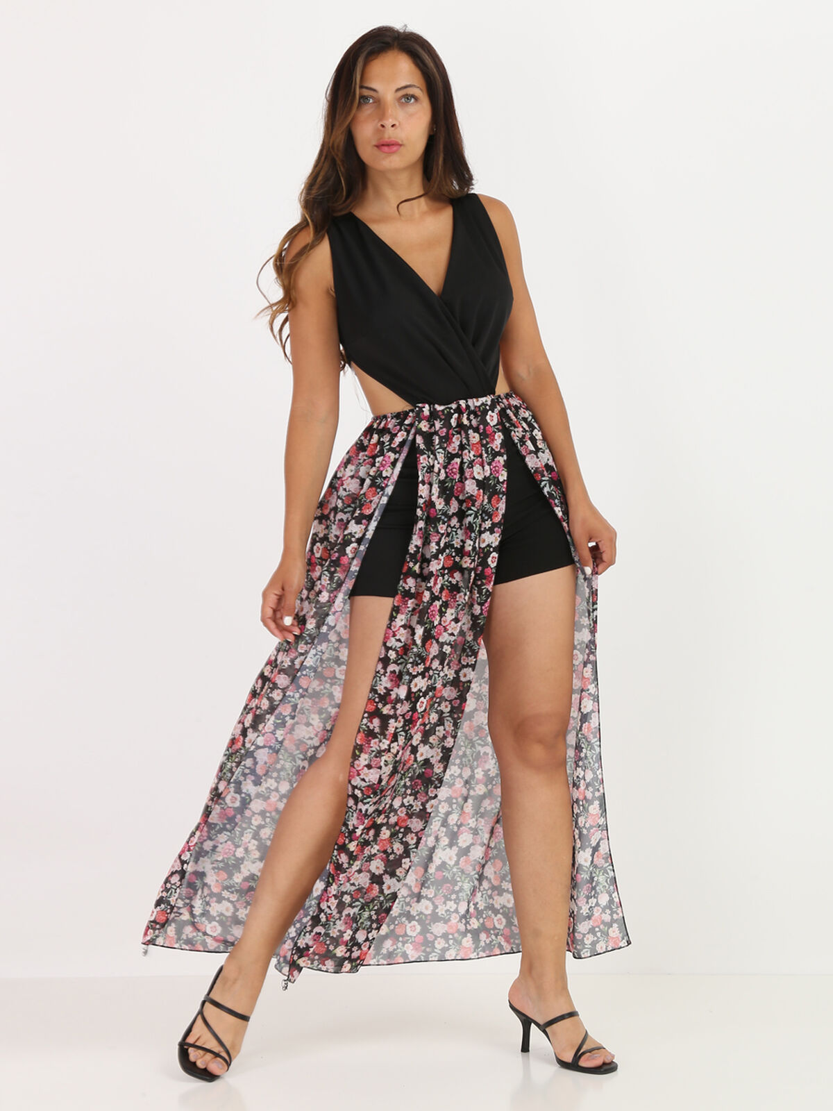 Combi-short à jupe fleurie- Noir