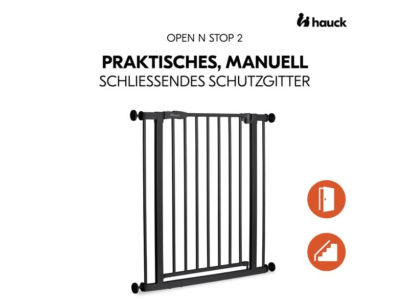 Hauck Türschutzgitter Open N Stop 2 Schwarz 75 cm - 80 cm Praktisches, manuell schliessendes Tür- und Treppenschutzgitter-Set