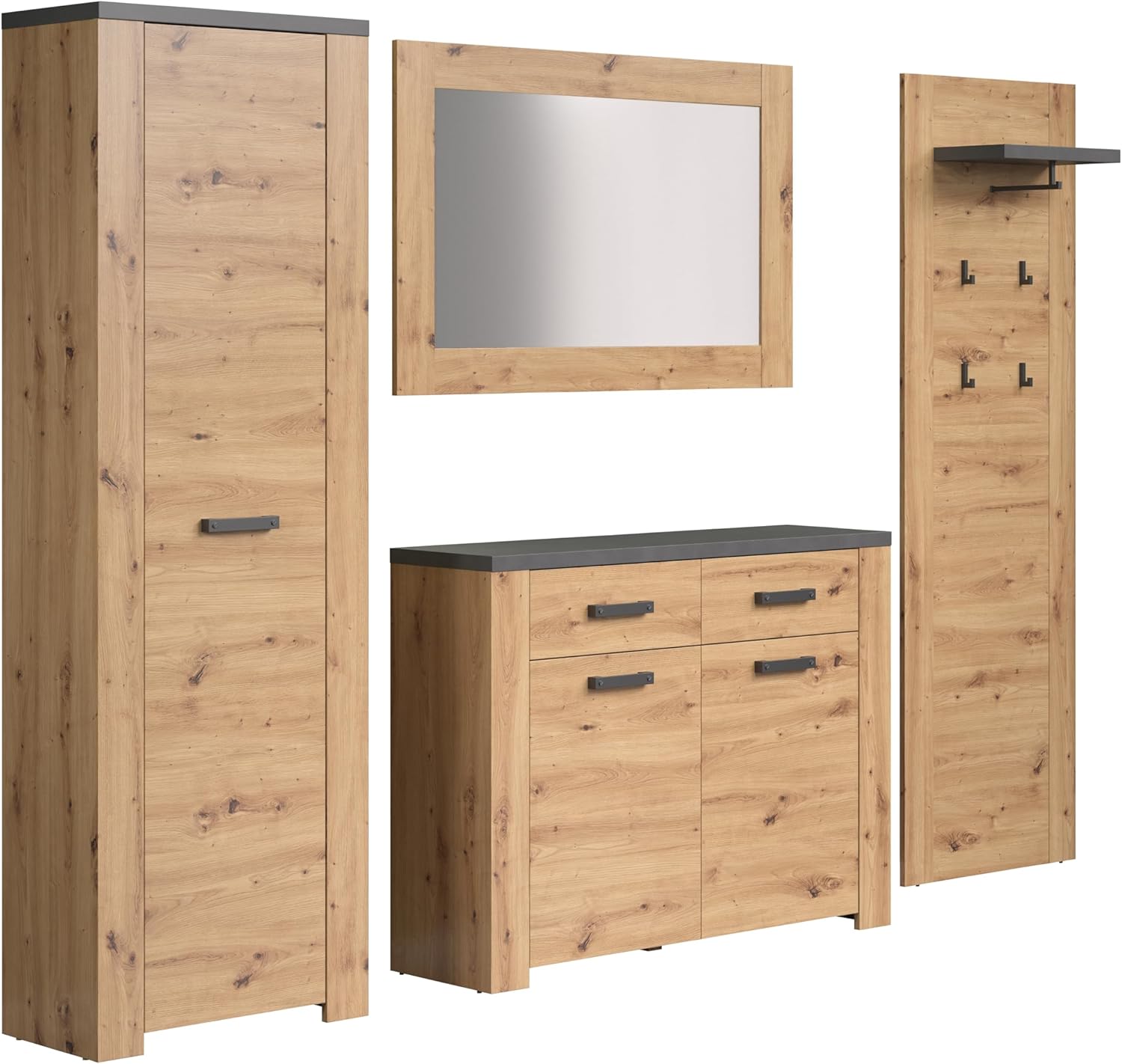 trendteam smart living - Follow - Garderoben-Set - Artisan Eiche/Matera - 4-teilig mit Schrank, Kommode, Paneel & Spiegel - 270 x 199 x 35 cm - ausziehbare Kleiderstange - Vollauszug-Funktion