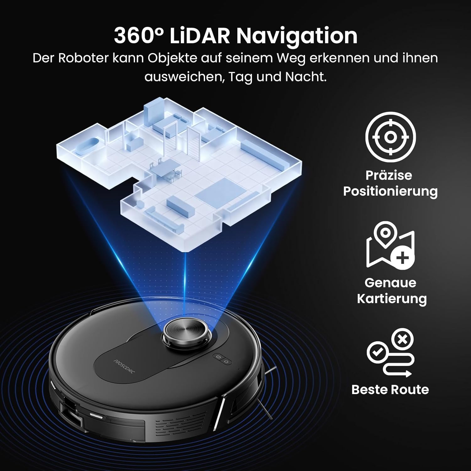 Proscenic Q8 Max+ Saugroboter mit Wischfunktion, 8000Pa 200min Staubsauger Roboter mit 3L Staubbeutel, Lidar-Navigation, intelligente Hindernisvermeidung, App Sprachsteuerung, für Hartböden Teppiche