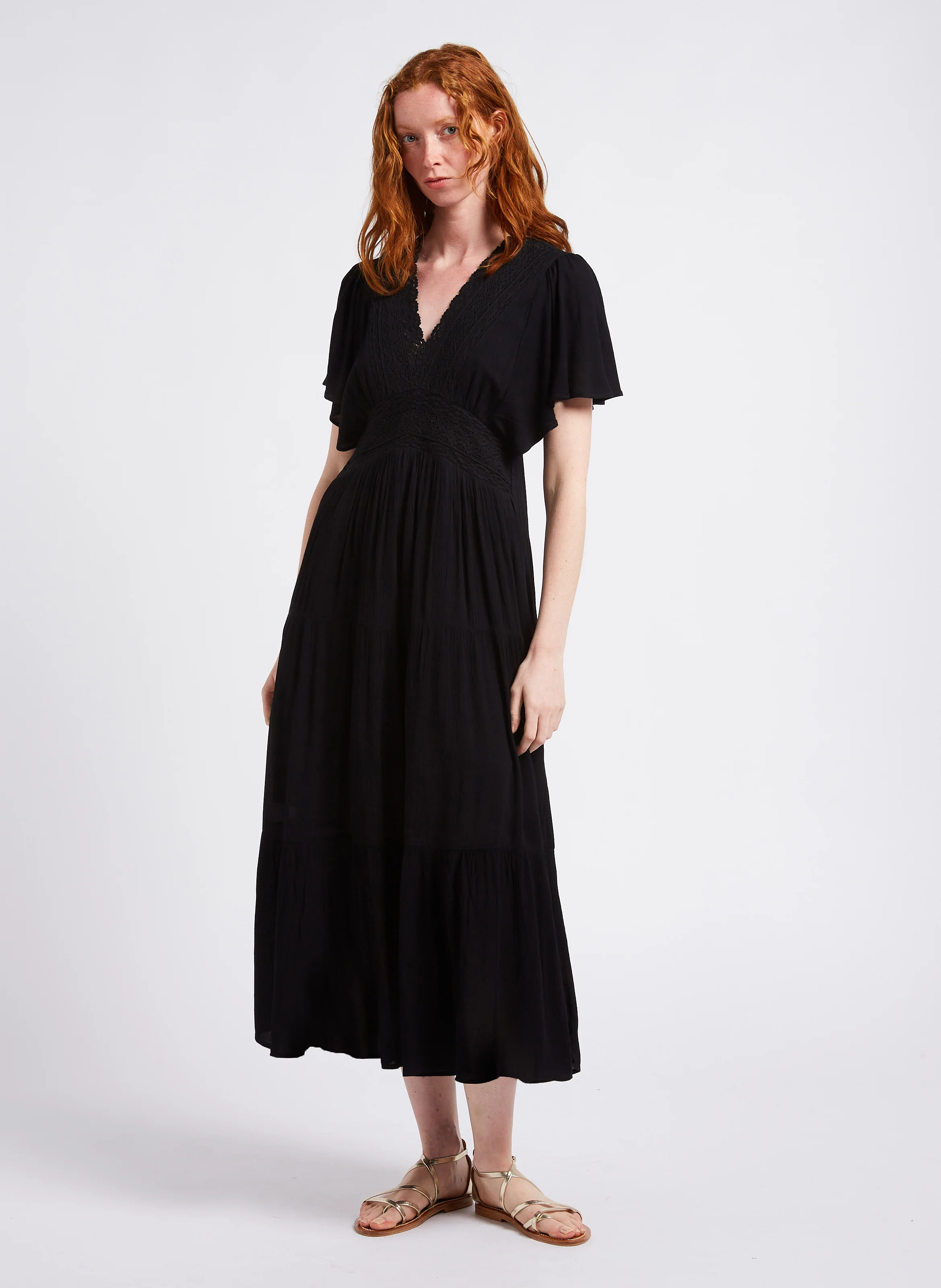 CAMILLE - Robe longue col V brodée| Noir