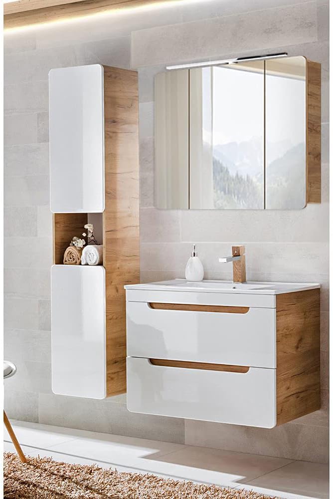 Lomadox Badezimmer Badmöbel Set, Hochglanz weiß mit Wotan Eiche Nb., Waschtischunterschrank mit 81 cm Keramik-Waschbecken, LED-Spiegelschrank, Hochschrank