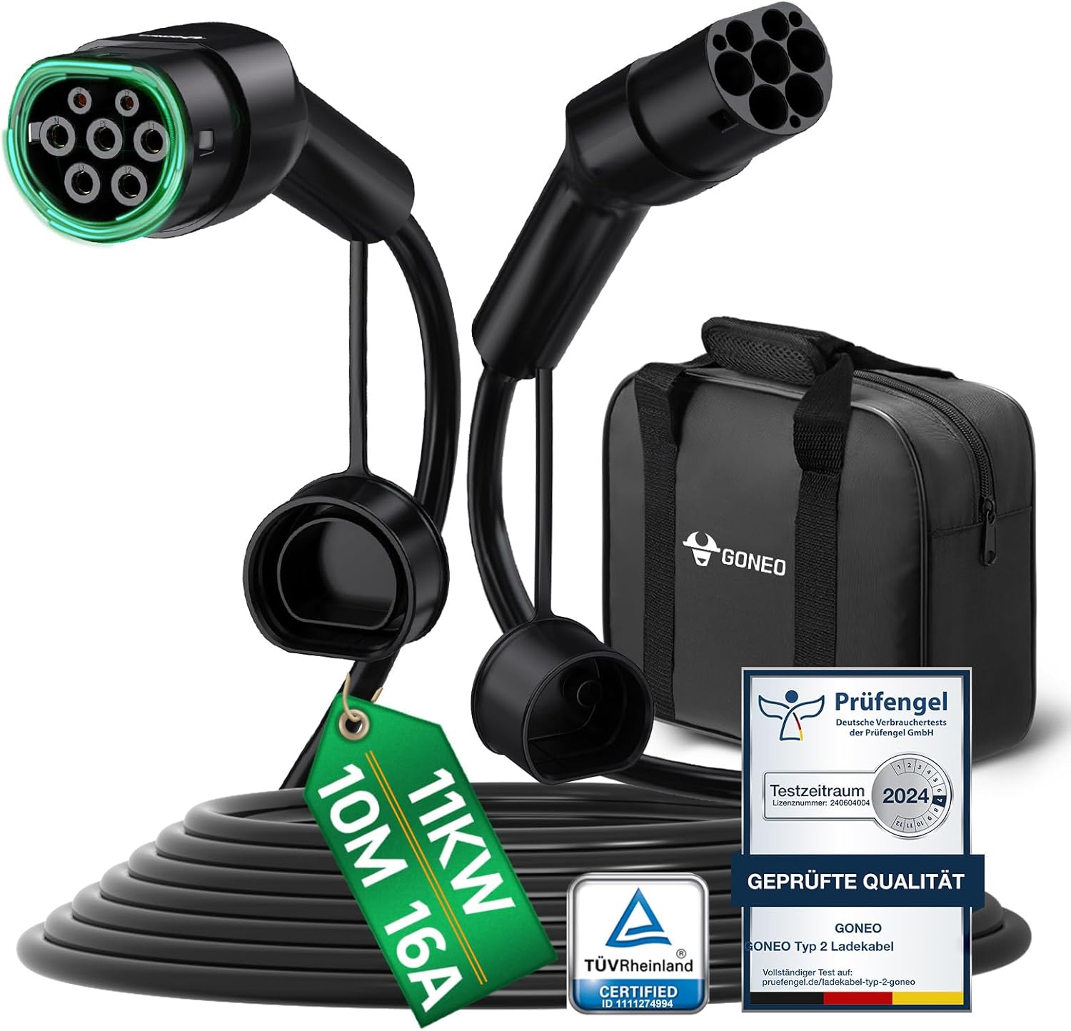 GONEO Typ 2 Ladekabel 11kW 10M 16A Ladekabel Elektroauto 3 Phasig Mode 3 für E Auto EV/PHEV CSS2 mit Tragetasche