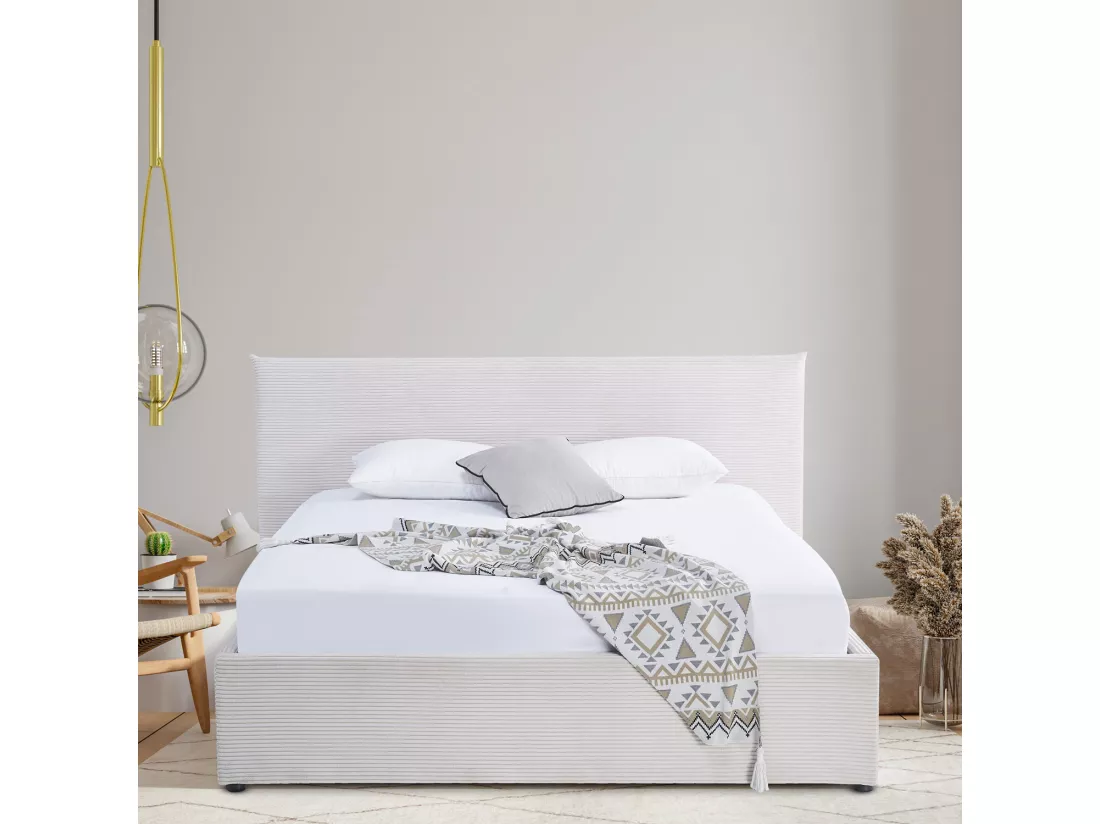 Somnus - Lit coffre rembourré en velours côtelé, sommier à lattes 160x200 cm, beige