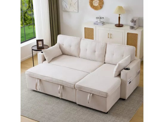 Canapé d'angle réversible convertible en coton et en lin, Méridienne avec rangement, porte-verres, 211x129.5x86cm, Beige