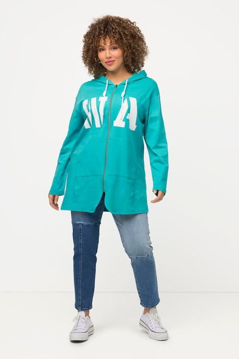 Long-Sweatjacke, Schriftmotiv, Kapuze, Knotenband