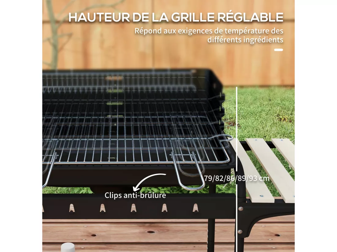 Barbecue à charbon sur pied grille réglable 2 roues 3 étagères récupérateur de cendres noir