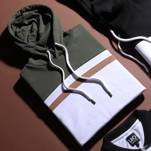 Sweat Capuche Slim Fit Tricolore 1436 Vert Kaki Blanc