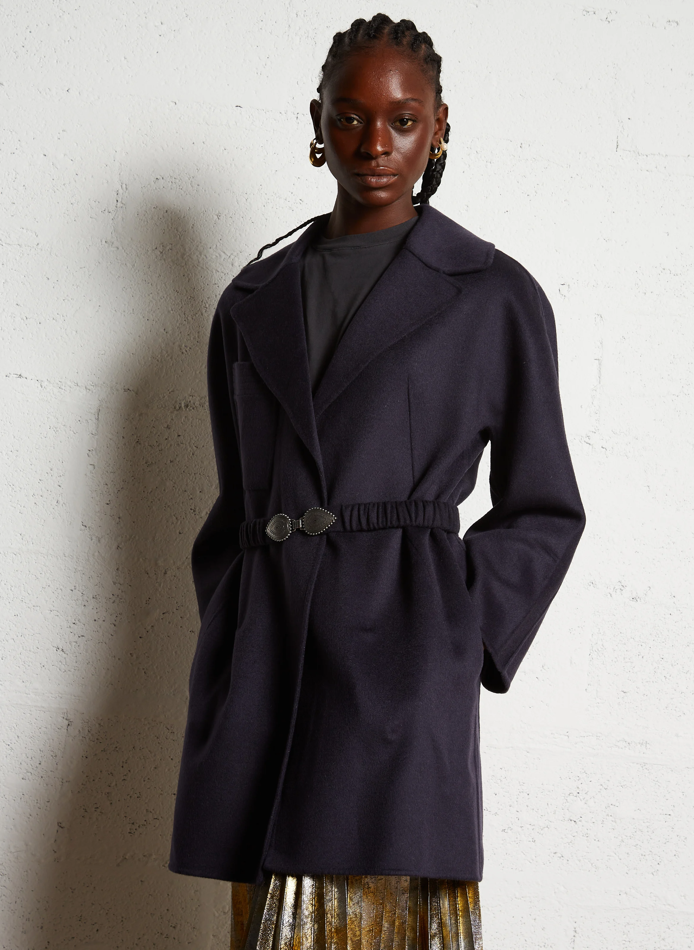 KARA - Manteau droit col tailleur en laine mélangée | Bleu