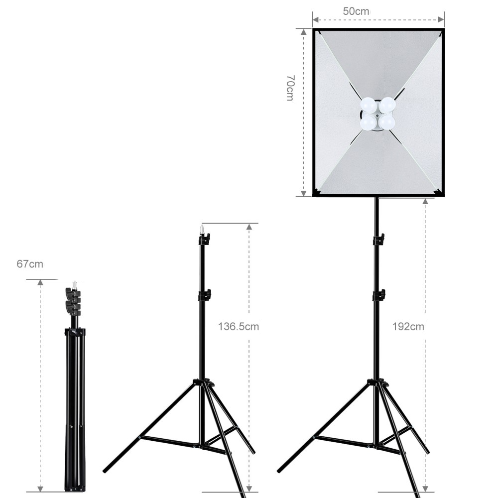 (50x70cm) Fotostudio Softbox Fotobeleuchtung Tripod Stativ mit Diffusor   4x E27 LED Lampen (5700K) - Schwarz