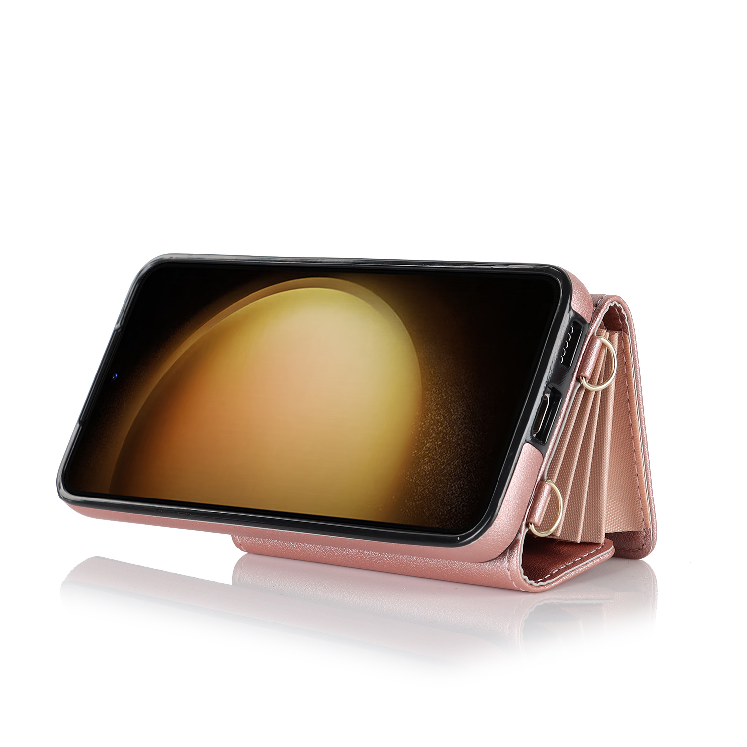 Samsung Galaxy S25 Necklace Leder Schutz Hülle mit Kartenfach   Handykette (140cm) - Roségold
