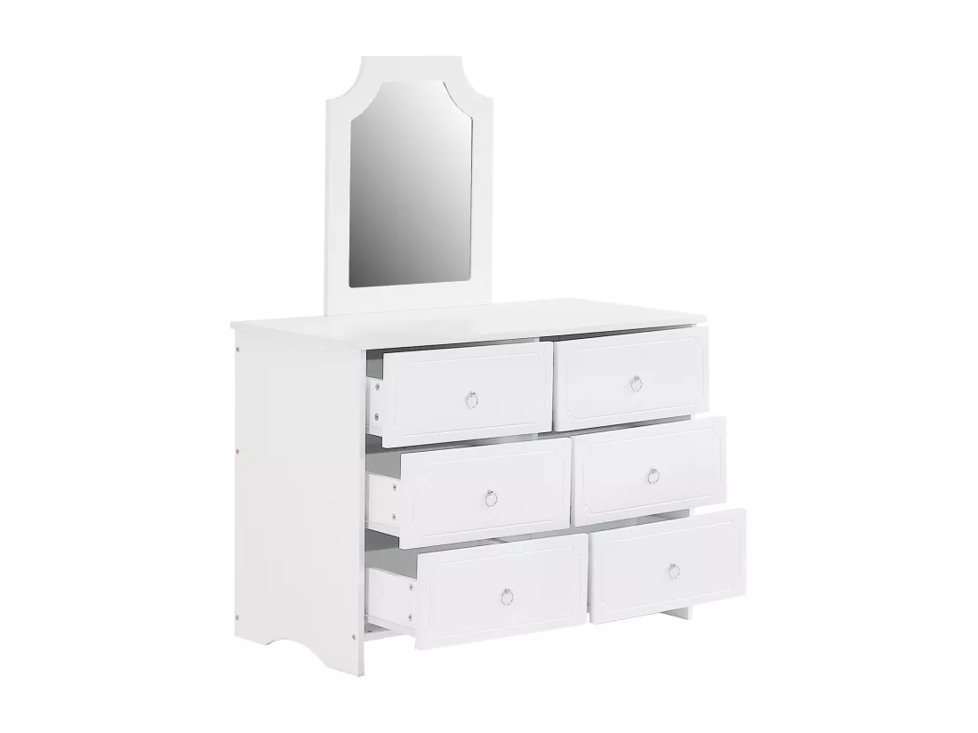 Armoire à miroir, commode 6 tiroirs, miroir amovible, patins silencieux, MDF + panneaux de particules, blanc