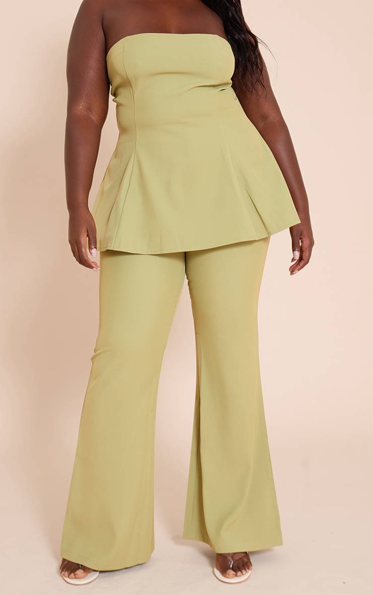 Vert Olive Pantalon Droit Ajusté En Tissu Tissé