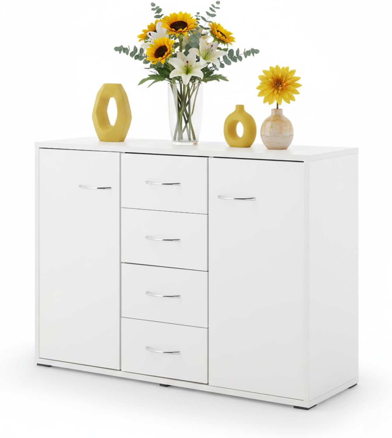 Sweetcrispy Kommode, Weißes Sideboard mit 4 Schubladen & 2 Türen, 88 × 30 × 64 cm, Viel Stauraum für Wohnzimmer, Flur & Schlafzimmer, Moderner Kommodenschrank