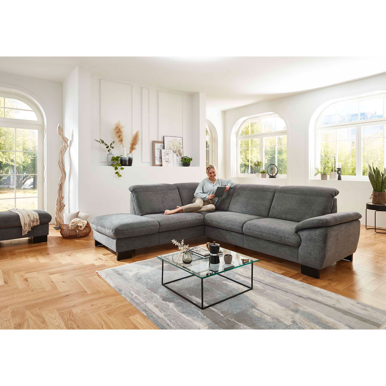 polsterpower Ecksofa - anthrazit - mit Funktionen - Anstellhocker links