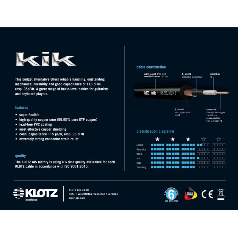 Klotz KIKKG9.0PRBL instrumentkabel TS 6.3mm jack recht-haaks blauw 9m