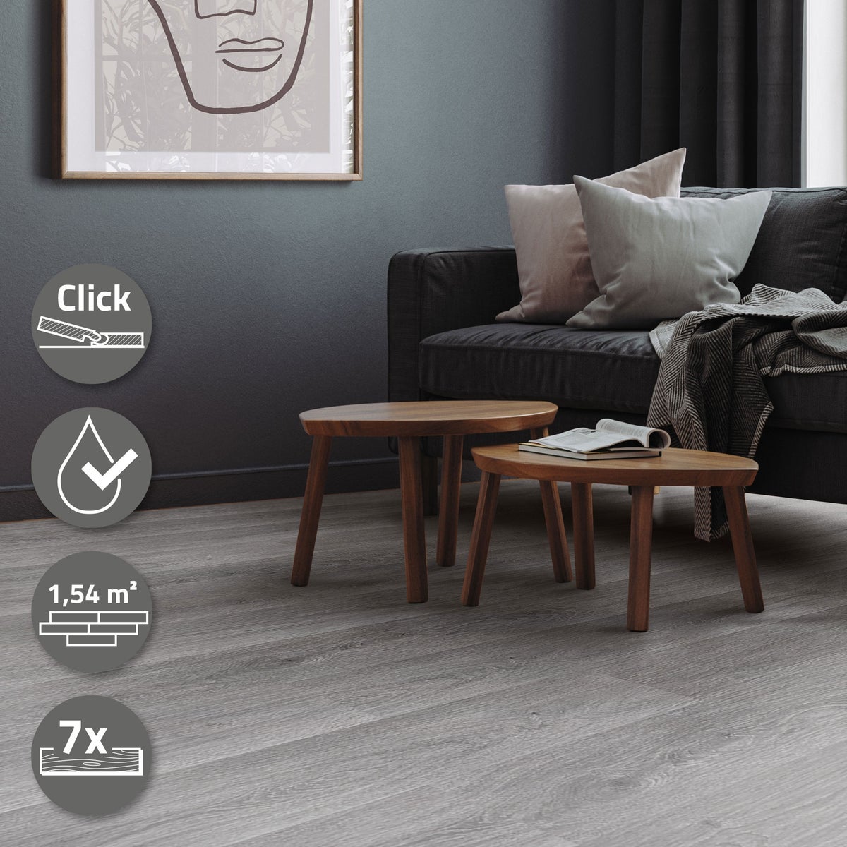 ML-Design Deluxe PVC-vloer, Click Vinyl Planken, Vinylvloer, 122 cm x 18 cm x 4,2 mm, Dikte 4,2 mm, 1,54 m²/7 Planken, Windswell Hickory Eiken, Grijs, Houtlook, Modern, Waterdicht, Belastingsklasse 34