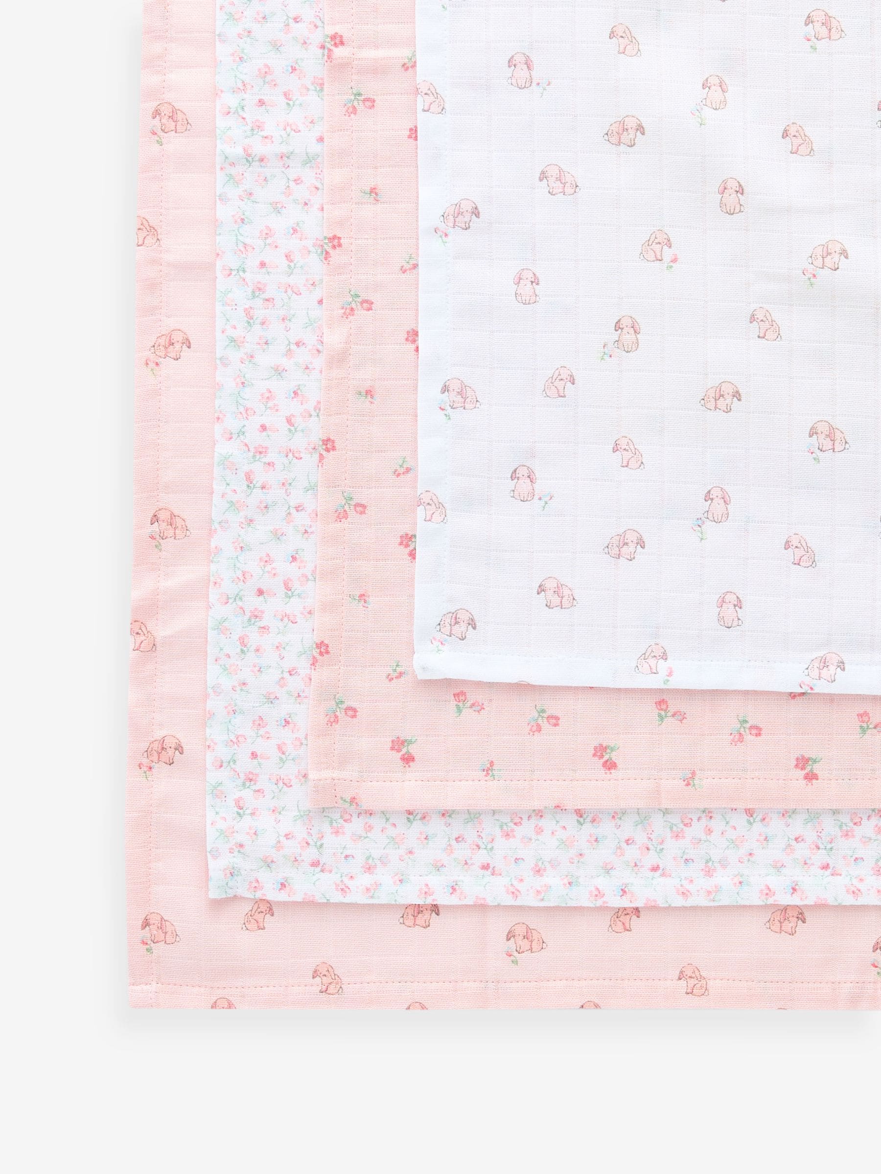 Roze met konijnen - Set van 4 mousseline babydoekjes