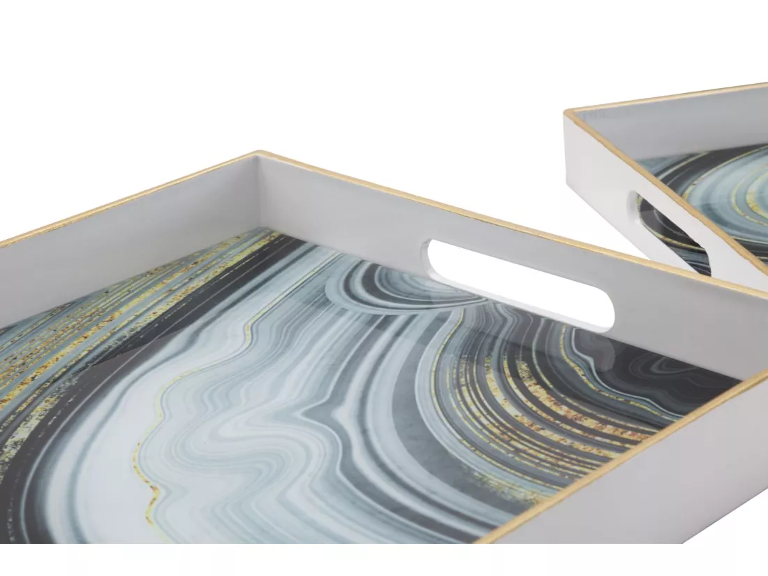Lot de 2 supports en résine et verre blanc 40x30x4-35x25x3,5 cm