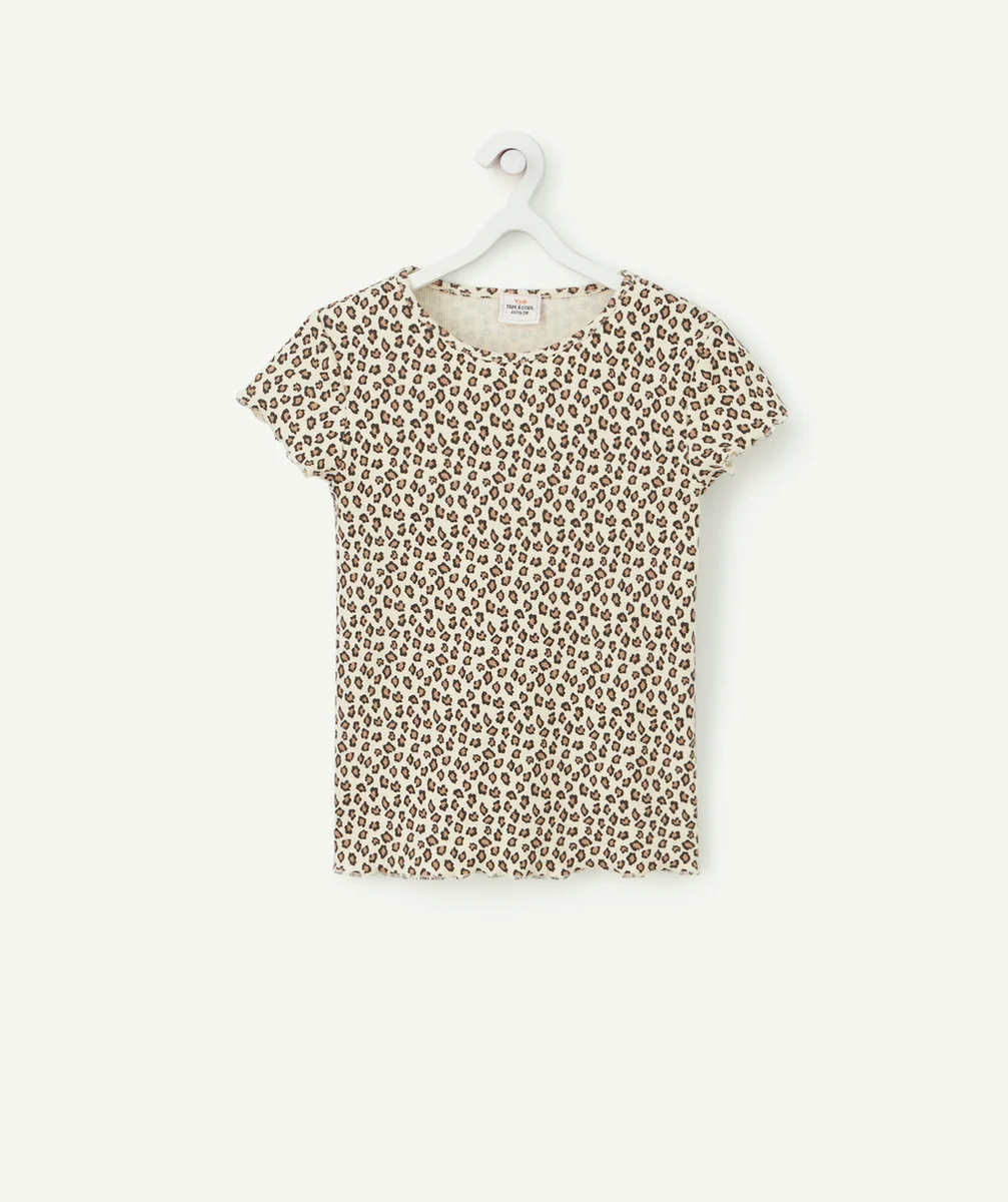 T-SHIRT FILLE EN COTON BIO ET IMPRIMÉ LÉOPARD CÔTELÉ