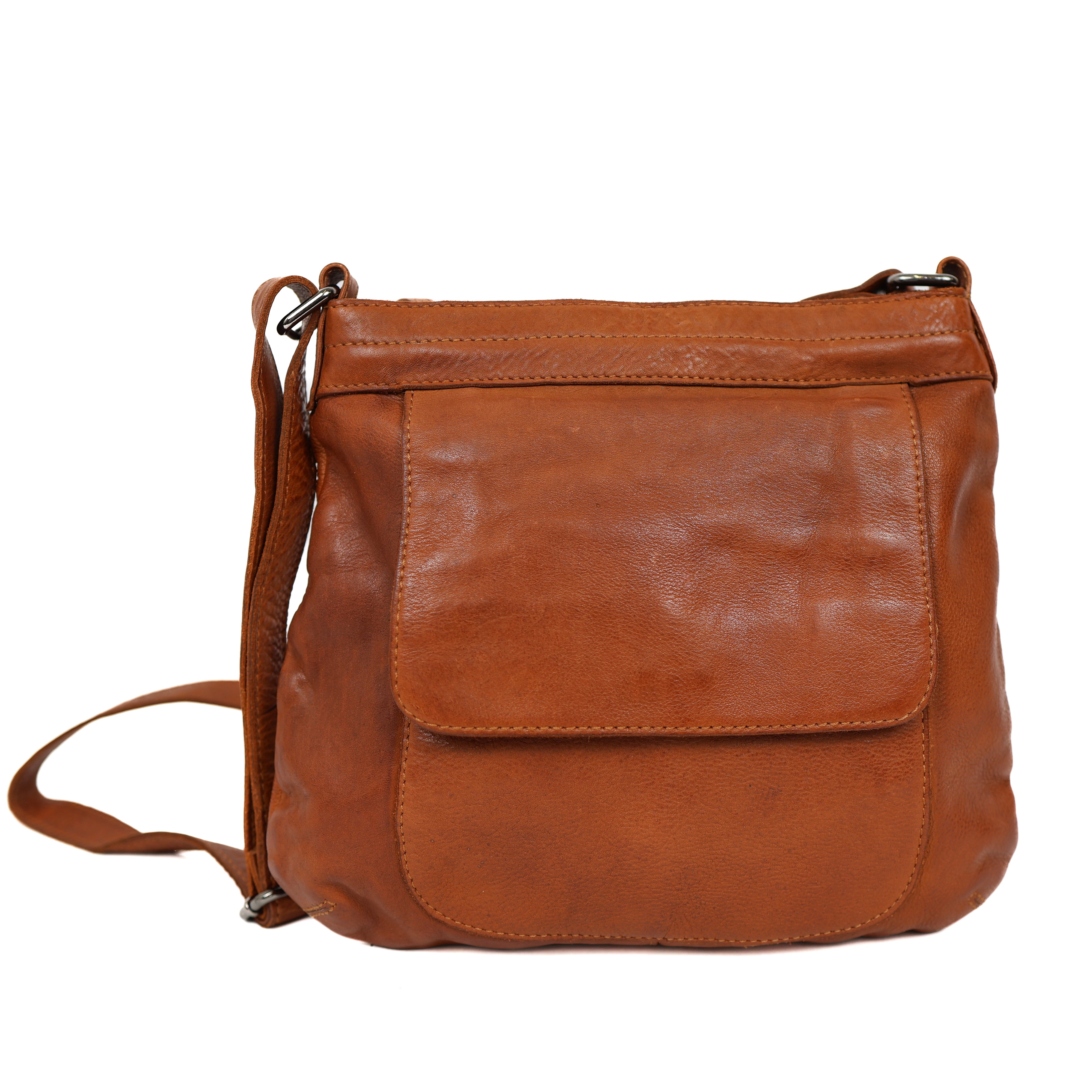 Schoudertas met voorvak 'Merle' cognac Cognac