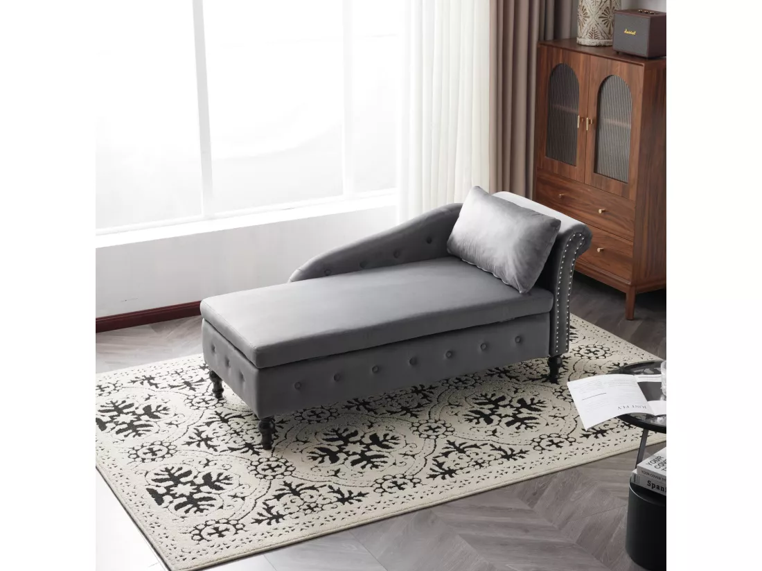 Canapé méridienne en velours - Chaise longue 144x62x69cm - avec garniture cloutée et punaise, accoudoir droit - Noir