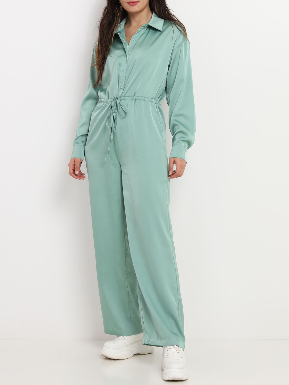 Combinaison satinée à pantalon évasé- Vert