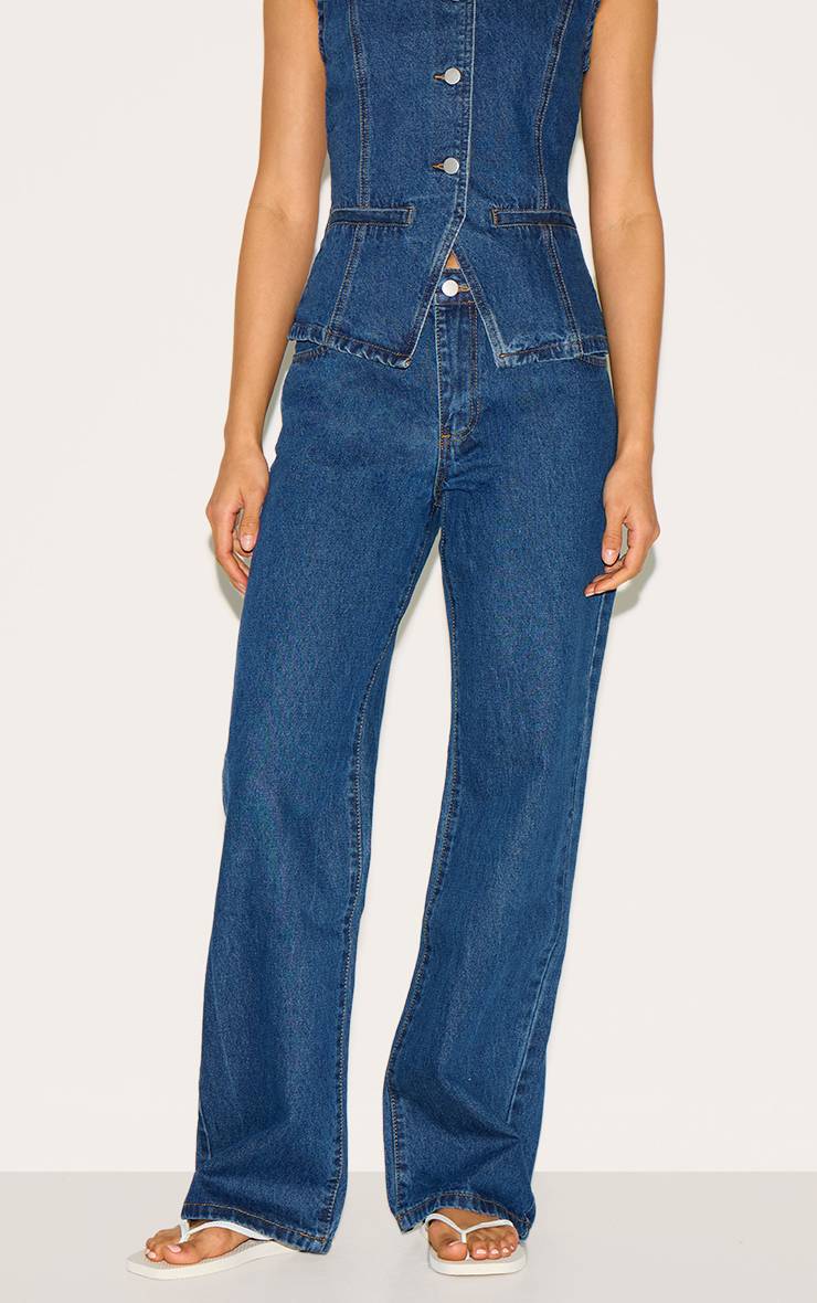 Bleu Foncé Jean Droit Taille Mi-haute