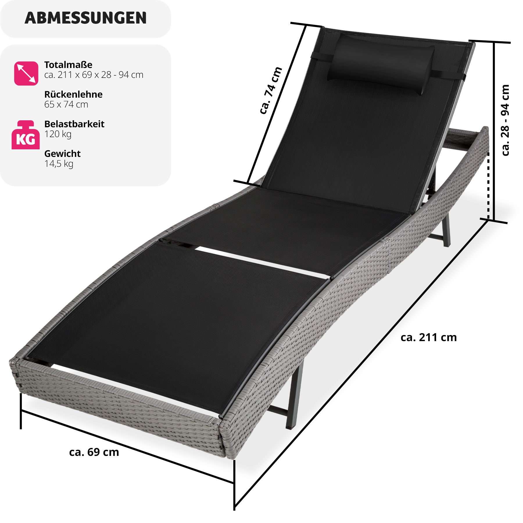 tectake® Rattan Sonnenliege, widerstandsfähig und UV-beständig, 5-fach verstellbare Rückenlehne, 211 x 69 x 28-94 cm