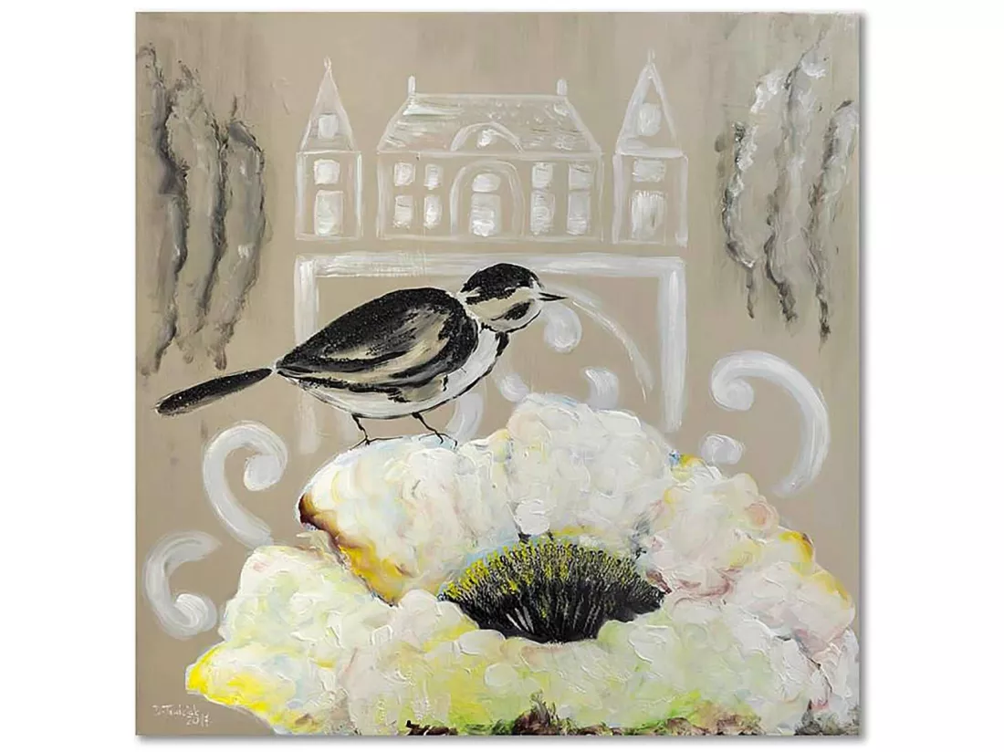 Tableau fleur blanche et oiseau noir - 20 x 20 cm
