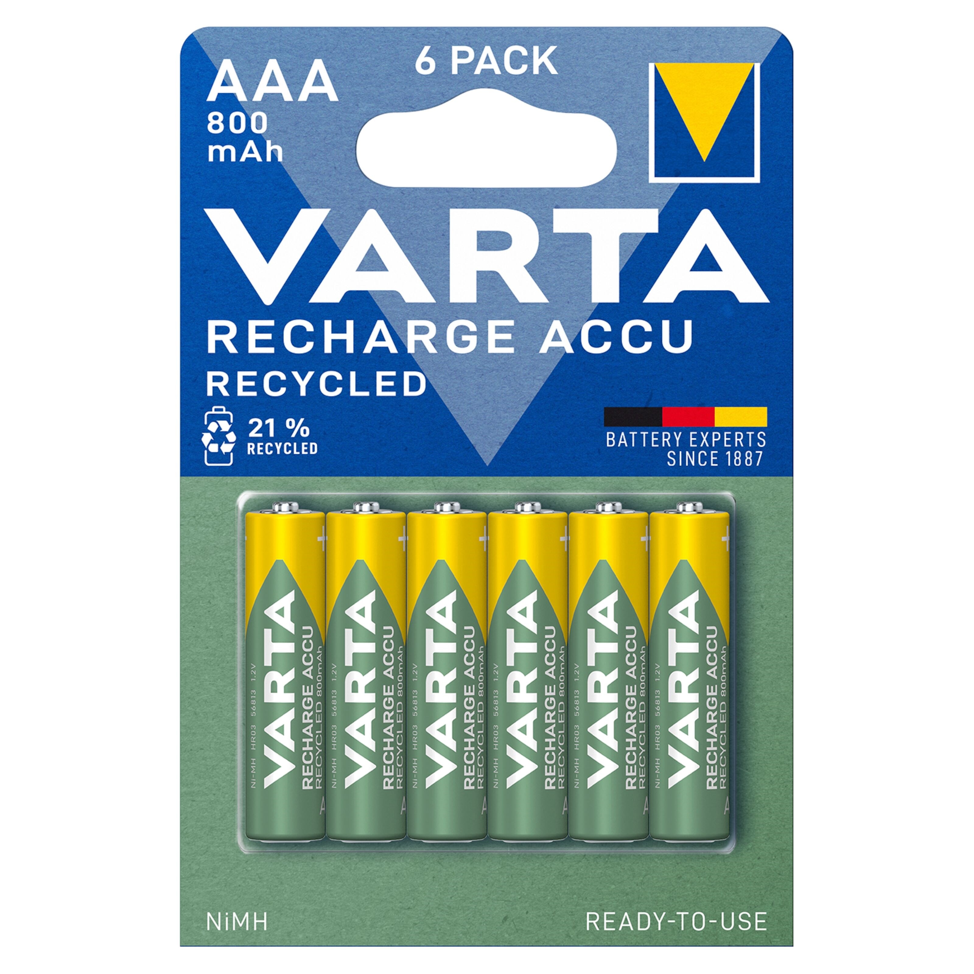 Varta Recharge Recycled AAA-batterier 800 mAh 6-pk.