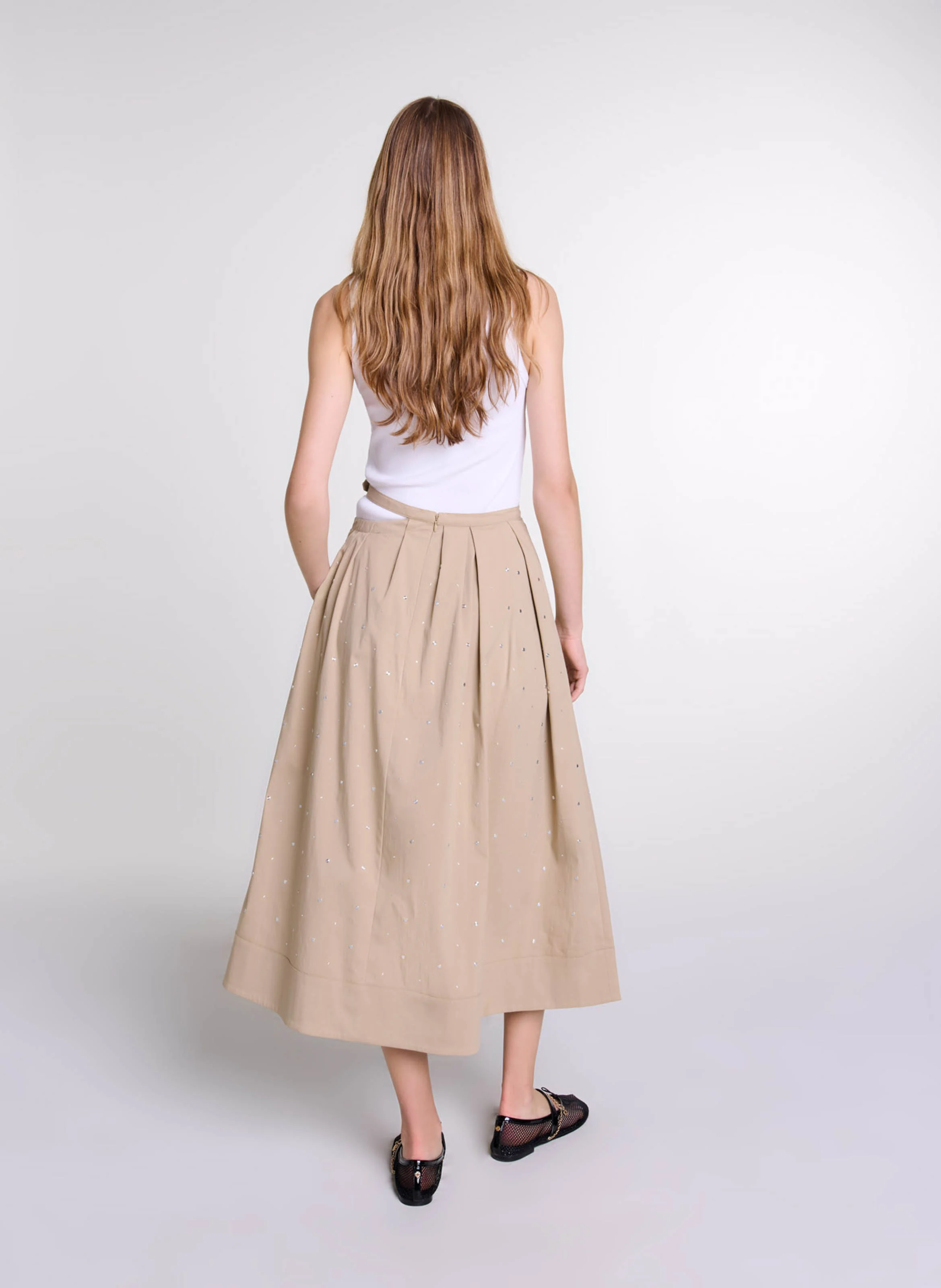 Jupe longue évasée en coton mélangé | Beige