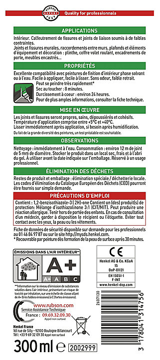 Mastic Rubson AP30 Finitions et Fissures Spécial Peinture blanc cartouche 300ml
