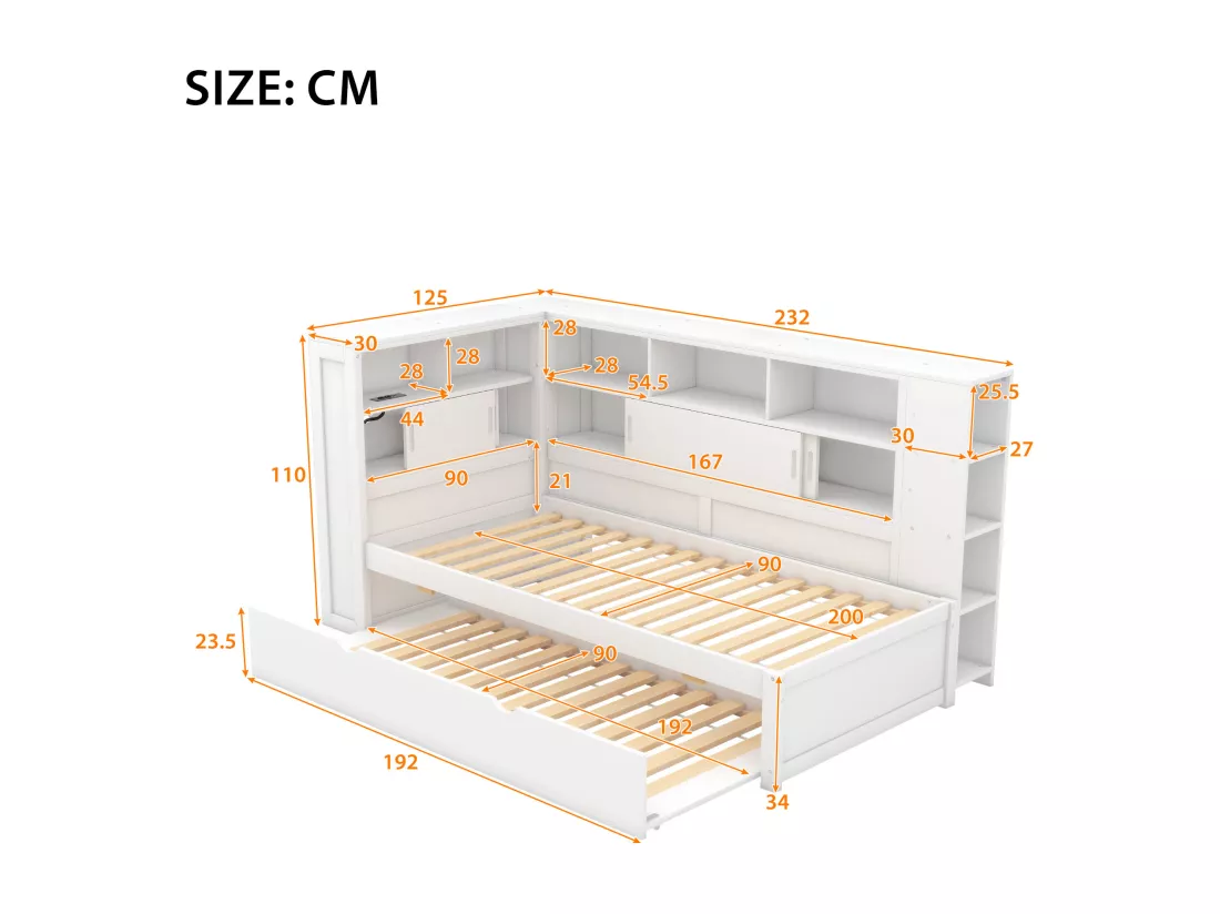 Lit gigogne 90 x 190/200 cm avec tête de lit - Placards de rangement et Prises USB - Panneaux de particules+MDF - Blanc (sans matelas)