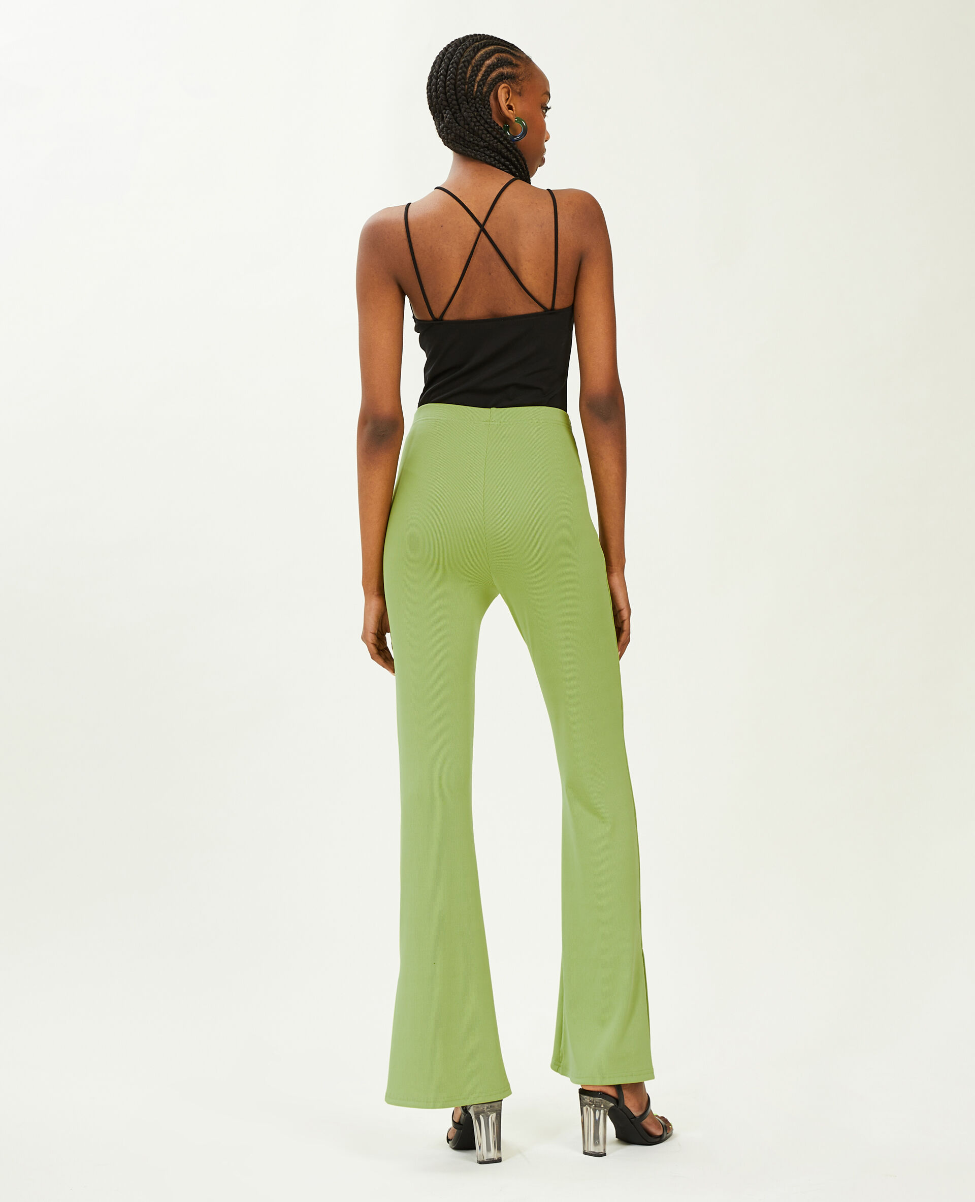 Pantalon flare en maille côtelée - Vert kaki