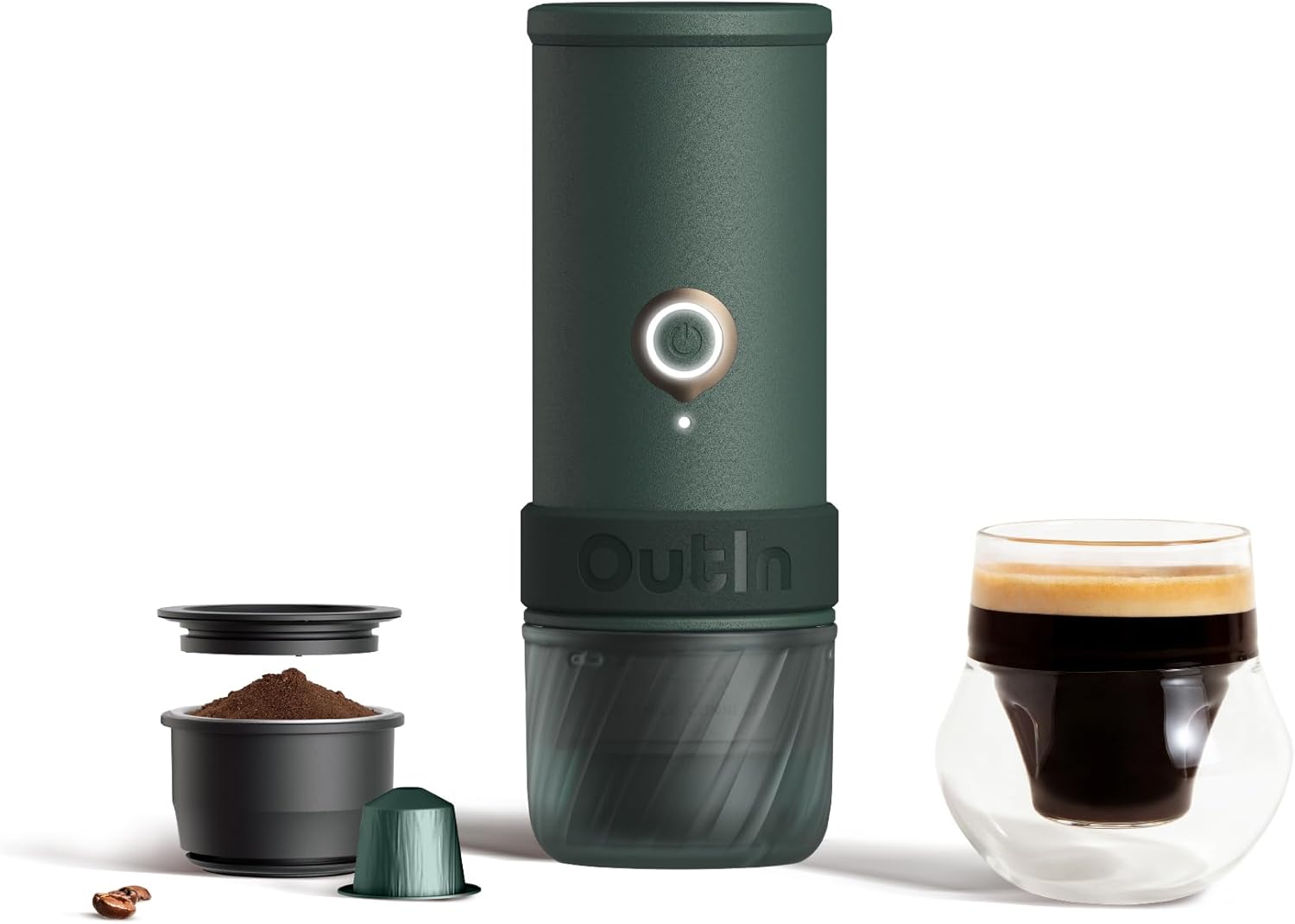 OutIn Mino Tragbare Elektrische Espressomaschine, Hochleistungsversion, Mini Camping Kaffeemaschine für Reisen, Taschenformat mit USB-C Selbstheizung für Abenteuer und Höhenlagen