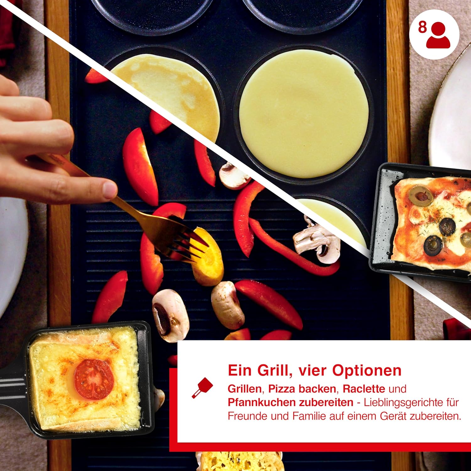 Solis Raclette Tischgrill 4-in-1 mit Grillplatte & Crêpe-Funktion – 1200W Ober- & Unterhitze, Antihaft, 8 Pfännchen, Mini-Pizza & Raclette Genuss für Familie & Freunde