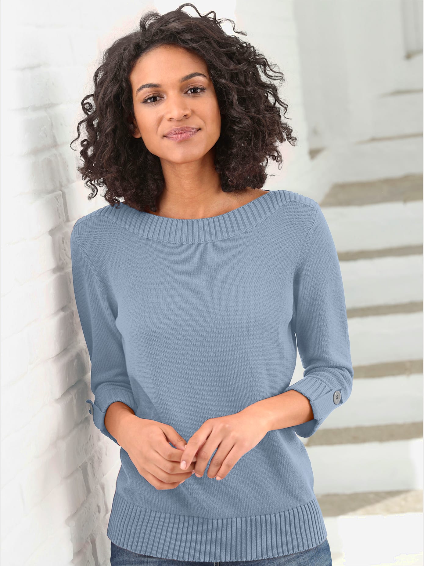 Pull femme manches 3/4 revers boutonnés