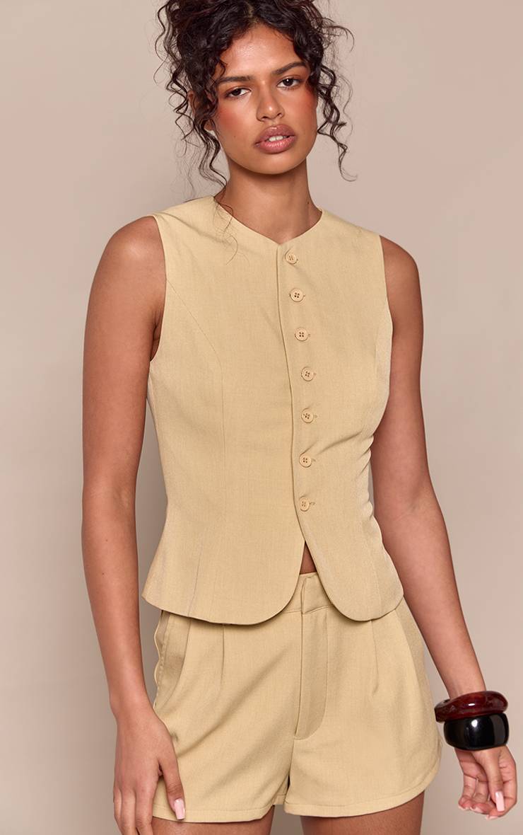 Vert Sauge Ensemble Coordonné Gilet Ajusté En Tissu Tissé