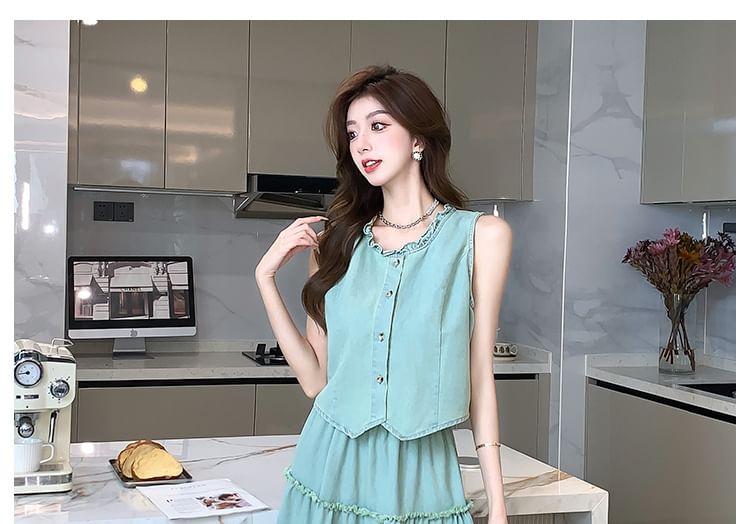 Yilda - Set: Mouwloze effen blouse + hoge taille maxi A-lijn rok