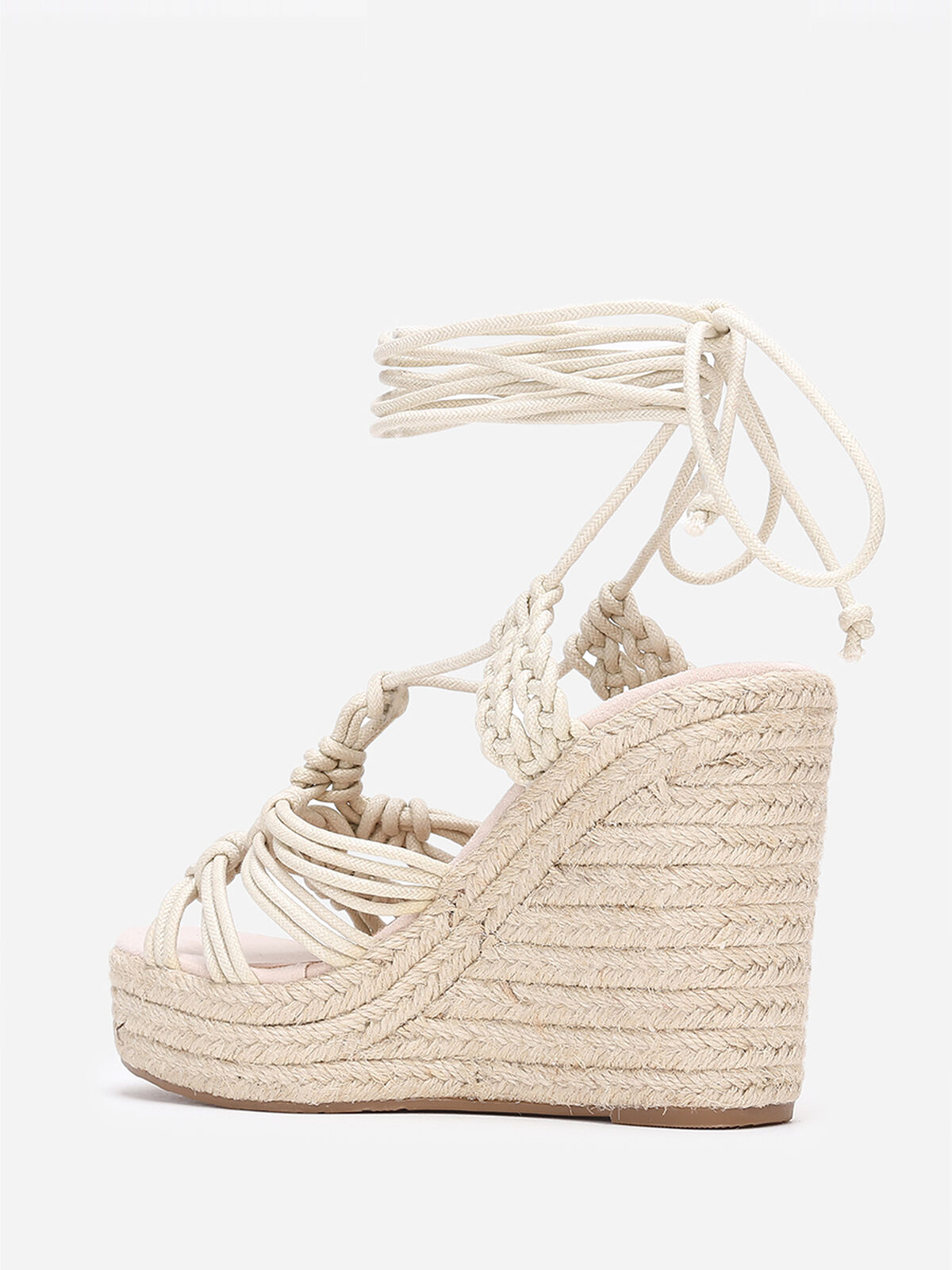 Sandales compensées à fines brides nouées- Beige clair