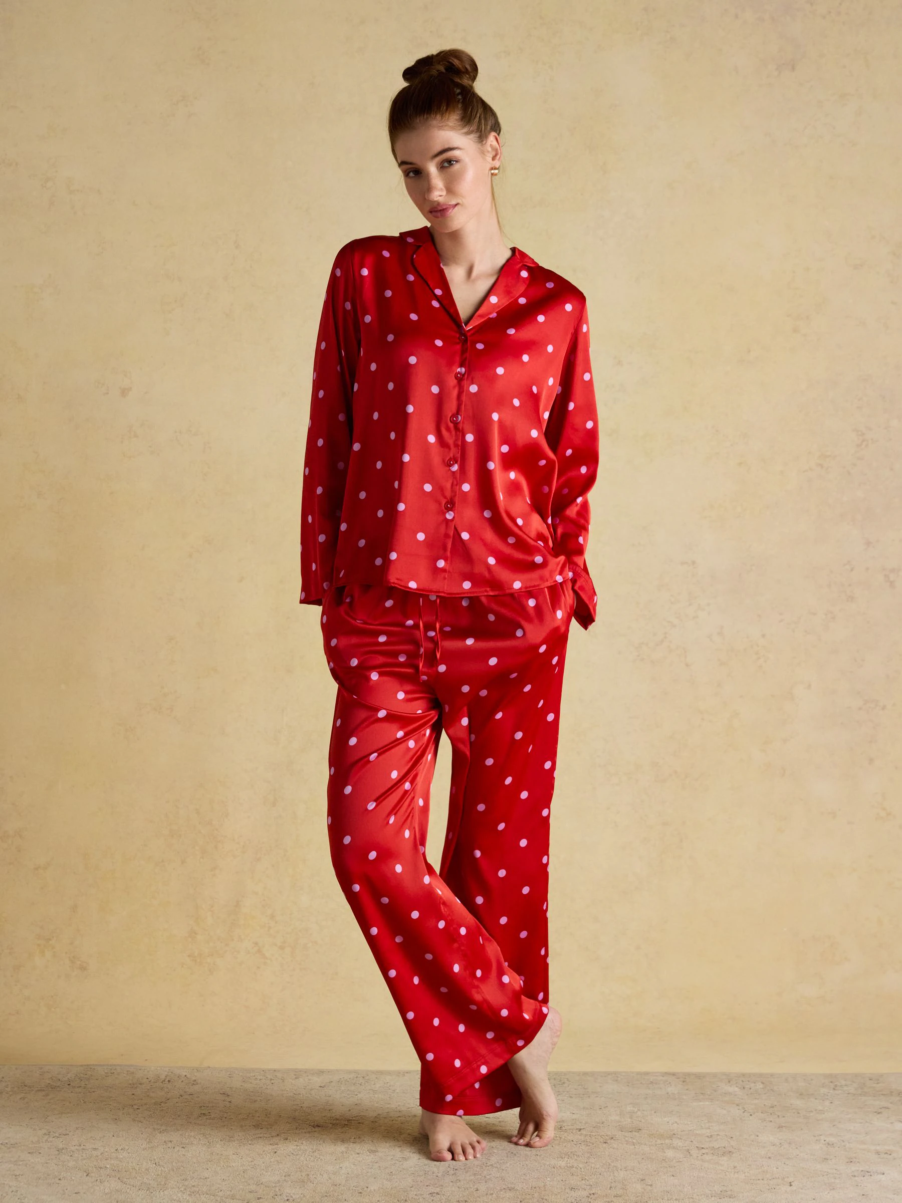 Red & Pink Spot - Joules Bonnie Satin Long Sleeve Pyjama Set