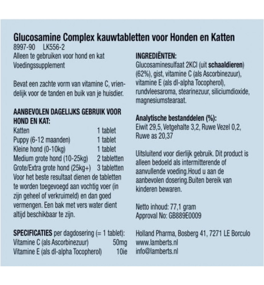 Lamberts Glucosamine Voor Hond En Kat (90 Kauwtabletten)