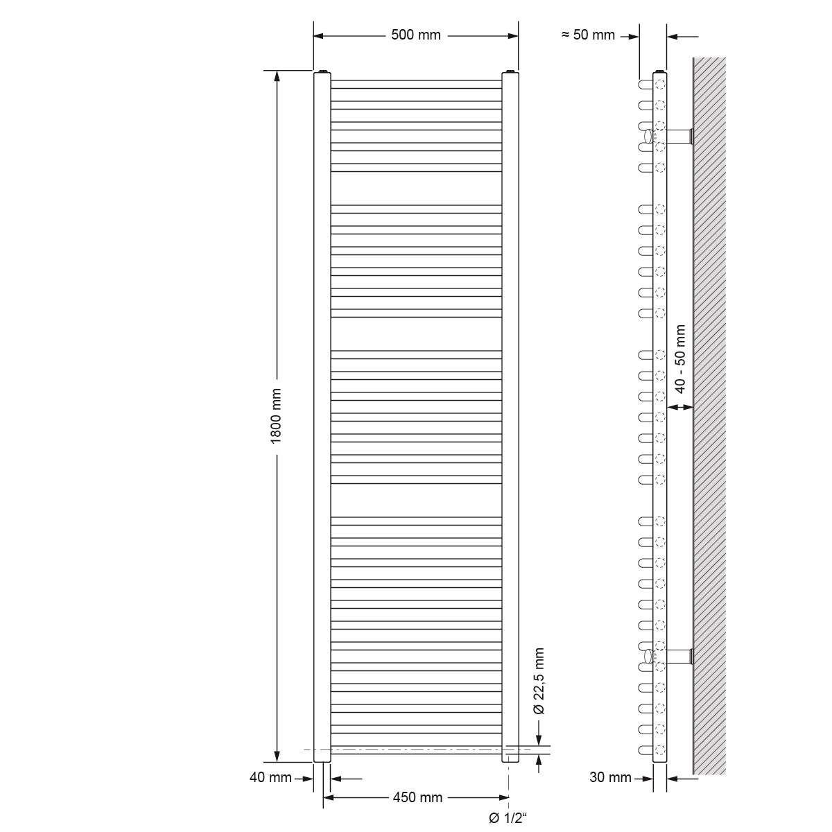 ECD Germany Badkamerradiator - 500 x 1800 mm - Wit - Gebogen met Zijaansluiting - Radiator Handdoekverwarmer Handdoekdroger