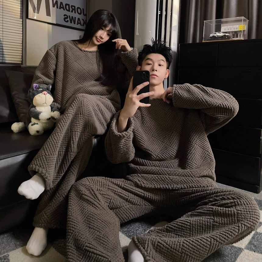 Dazzli - Bijpassende pyjamaset voor koppels: effen gewatteerde sweatshirt met ronde hals + broek