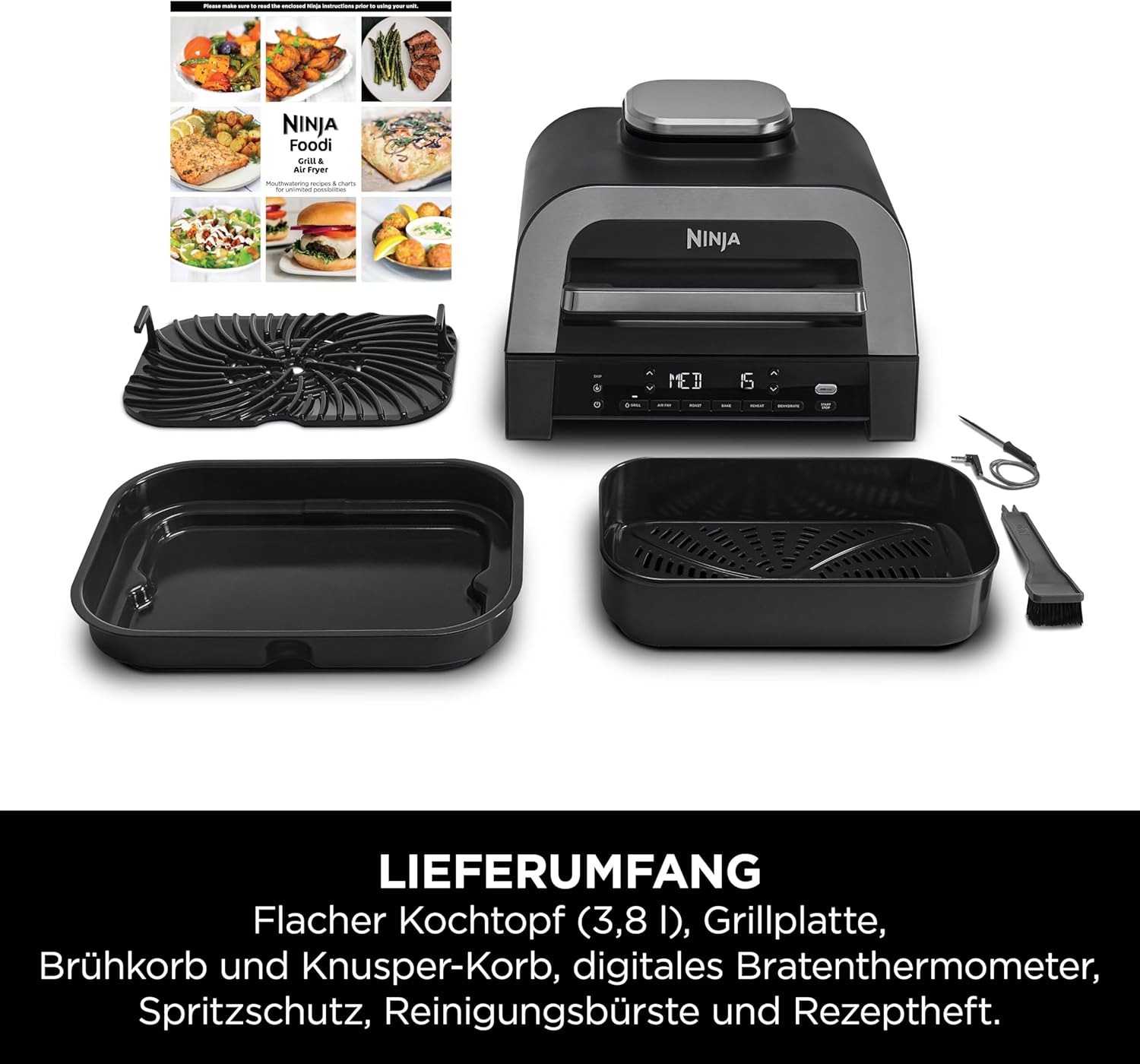 Ninja MAX 6-in-1-Grill & -Heißluftfritteuse für den Innenraum, 6 Kochfunktionen, für bis zu 6 Burger, 3,8-l-Fassungsvermögen, kaum Rauch, enthält digitales Bratthermometer, Grau/Silber, DG551EU