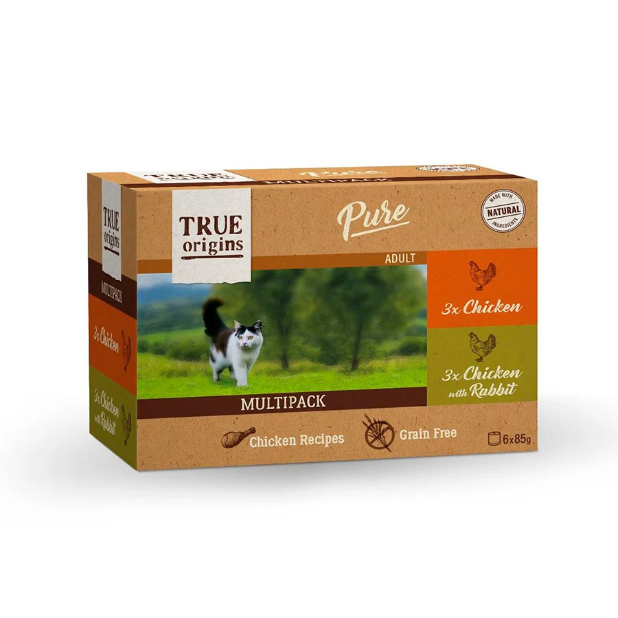 Pacote econômico com 6 latas de 85g de ração para gatos True Origins Pure Chicken and Rabbit em molho!