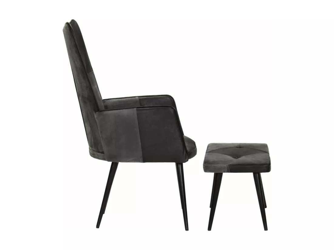 Fauteuil avec repose-pieds Noir Cuir véritable et toile
