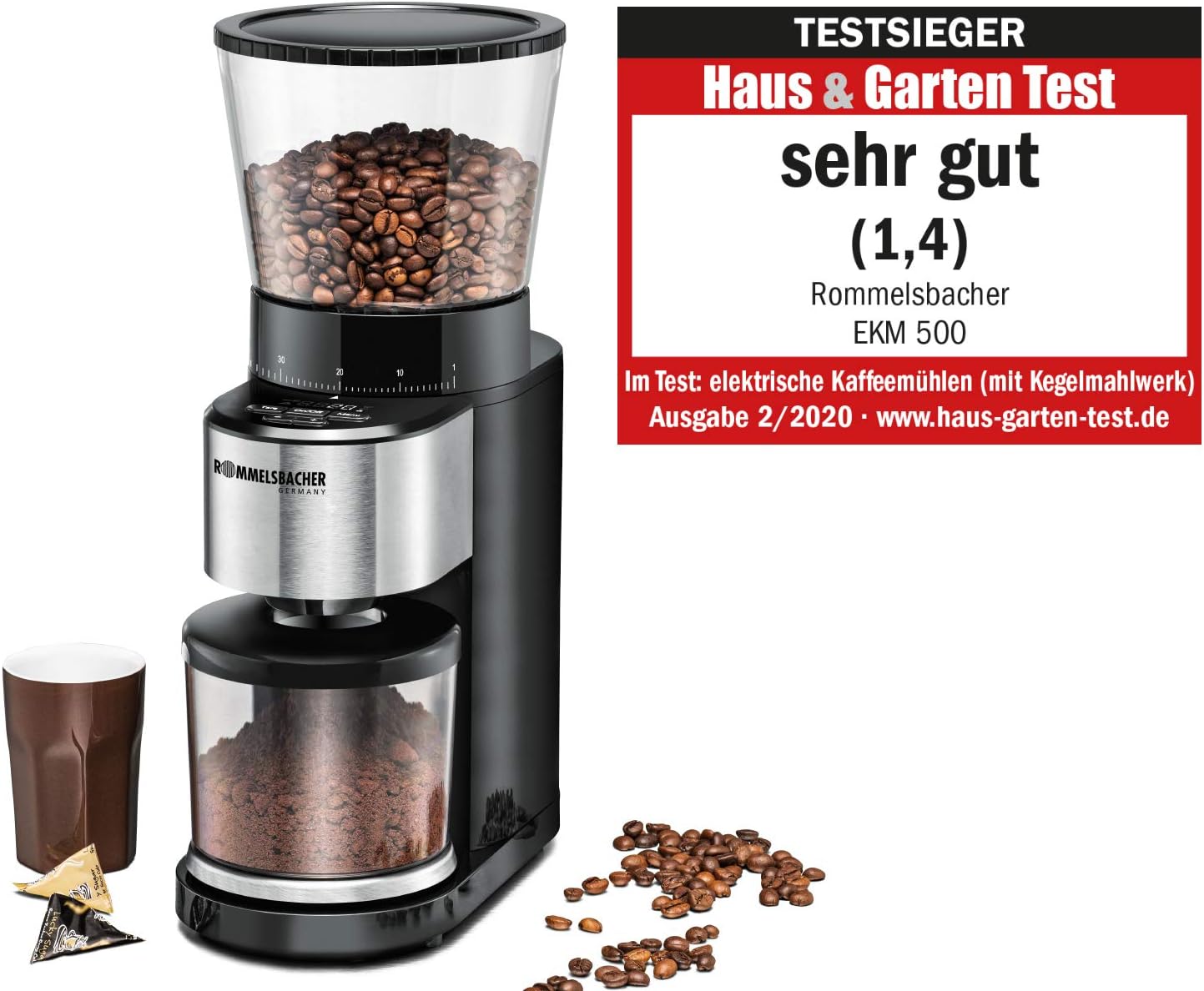 ROMMELSBACHER Kaffeemühle EKM 500 - Kegelmahlwerk, Präzisions-Waage, Halterung für Siebträger, Mahlgrad in 39 Stufen, 5 Funktionstasten für individuelle und flexible Nutzung, Schwarz/Edelstahl