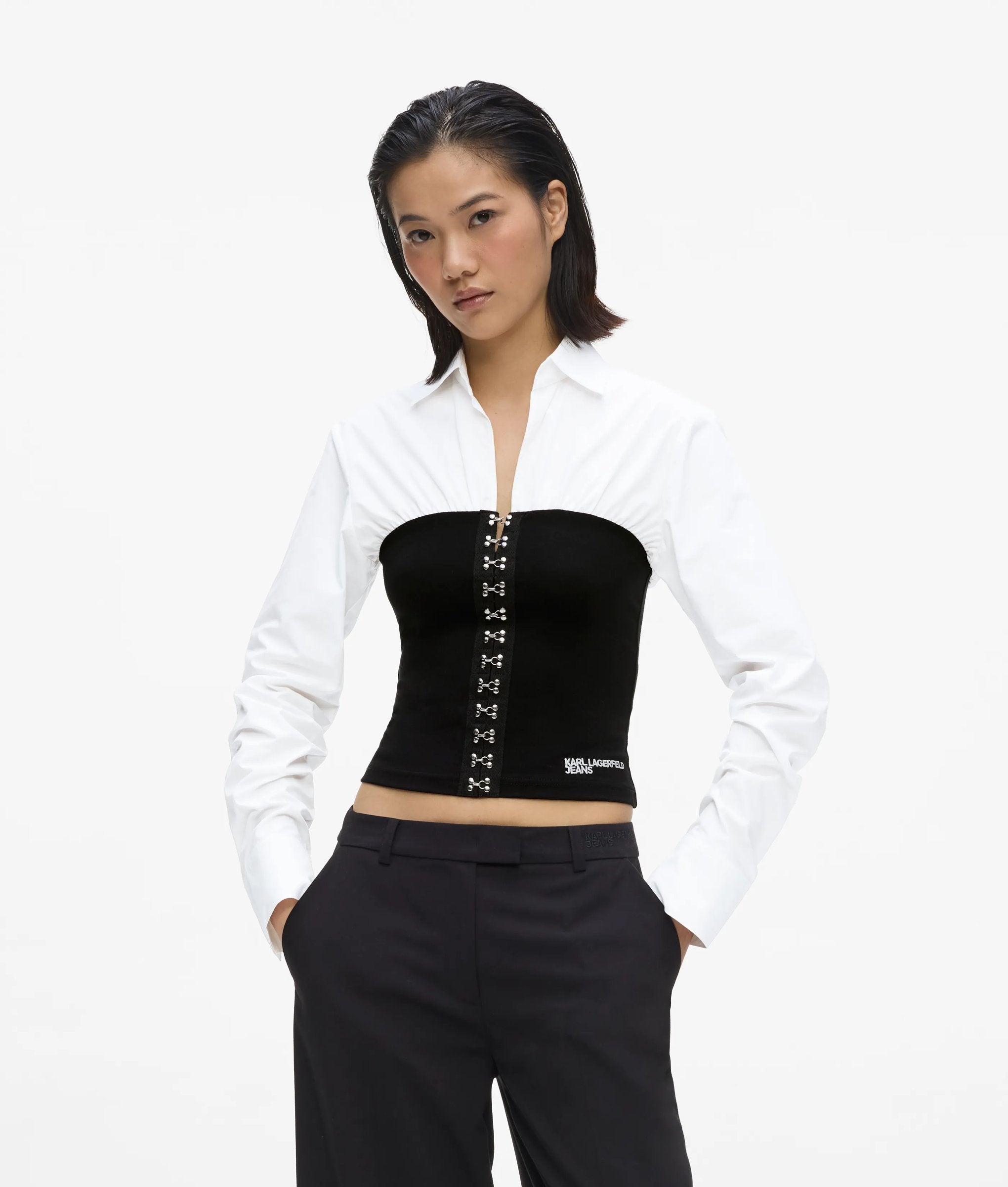 Popeline shirt met korsetdetail